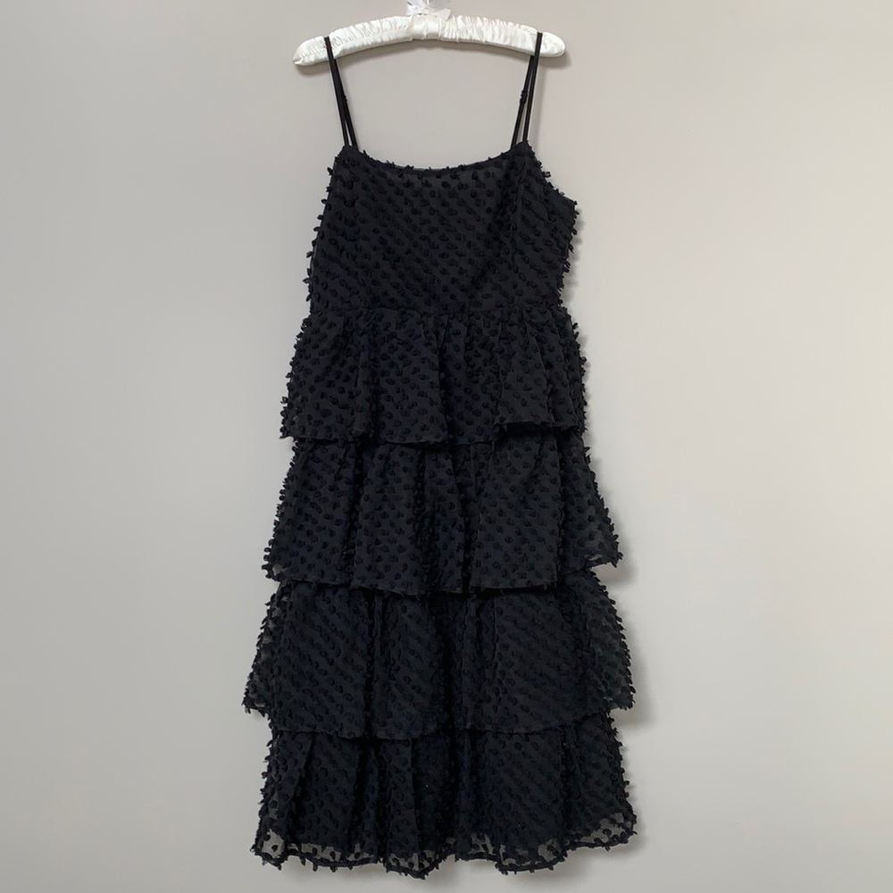 Lulus Flirting with You black tiered pom pom midi dress fully lined back zip L